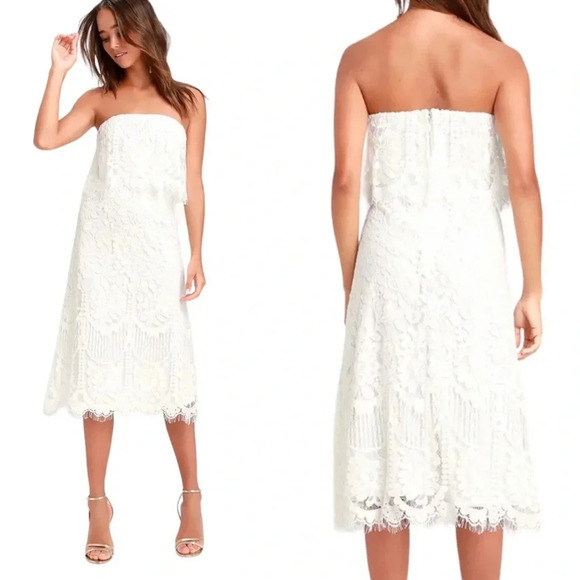 NWT Lulus Delia White Lace Strapless Midi Dress Bridal Party Size S - Picture 1 of 13